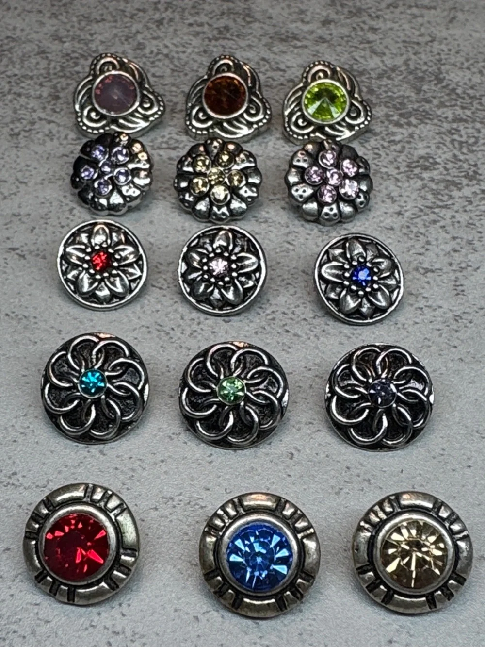 Lot of 15: 12mm Snaps: Assorted Silver-Tone Multi-Color Snap Charms
